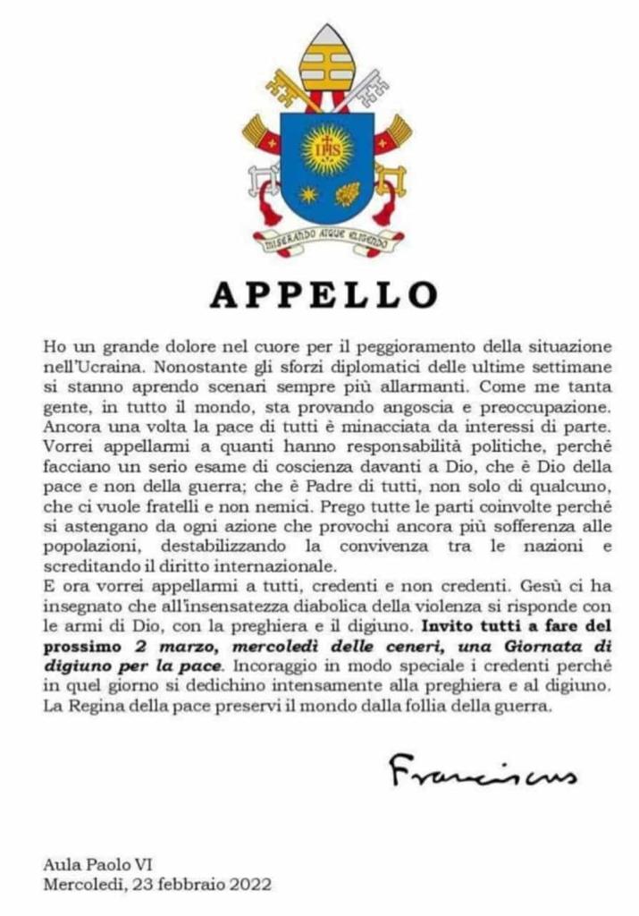 Appello per Ucraina Papa Francesco
